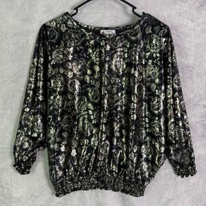 Vtg Whimsigoth Floral Metallic Gold Black Top sz M Elastic Waist Witchy USA